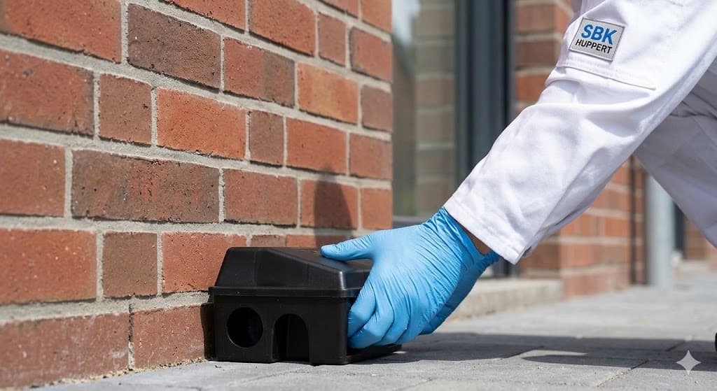 Schädlingsbekämpfung Huppert – Techniker platziert Köderbox bei der Nagerbekämpfung
