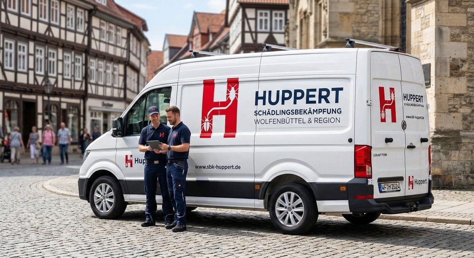 Schädlingsbekämpfung Huppert – Team vor Firmenfahrzeug in Wolfenbüttel
